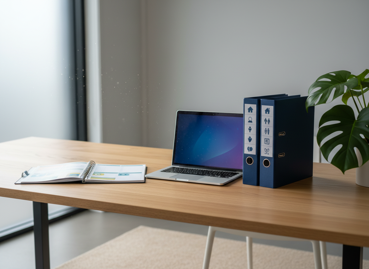 A carefully arranged workstation for disability support planning, featuring a large, uncluttered oak desk with a matte finish, an open planner with color-coded sections, and a closed laptop displaying a subtle abstract interface glow on its screen. Beside it, a sturdy navy-blue binder is neatly labeled with neutral icons instead of text to protect privacy. The scene is set in a bright, modern office with soft natural daylight pouring through a frosted window, creating gentle reflections on the desk surface. At the edge, an indoor plant with deep green leaves adds warmth. Photographic realism, shot at eye level with a shallow depth of field, calm and professional mood, clean and modern aesthetic suitable for an Adelaide-based NDIS support service homepage hero image.