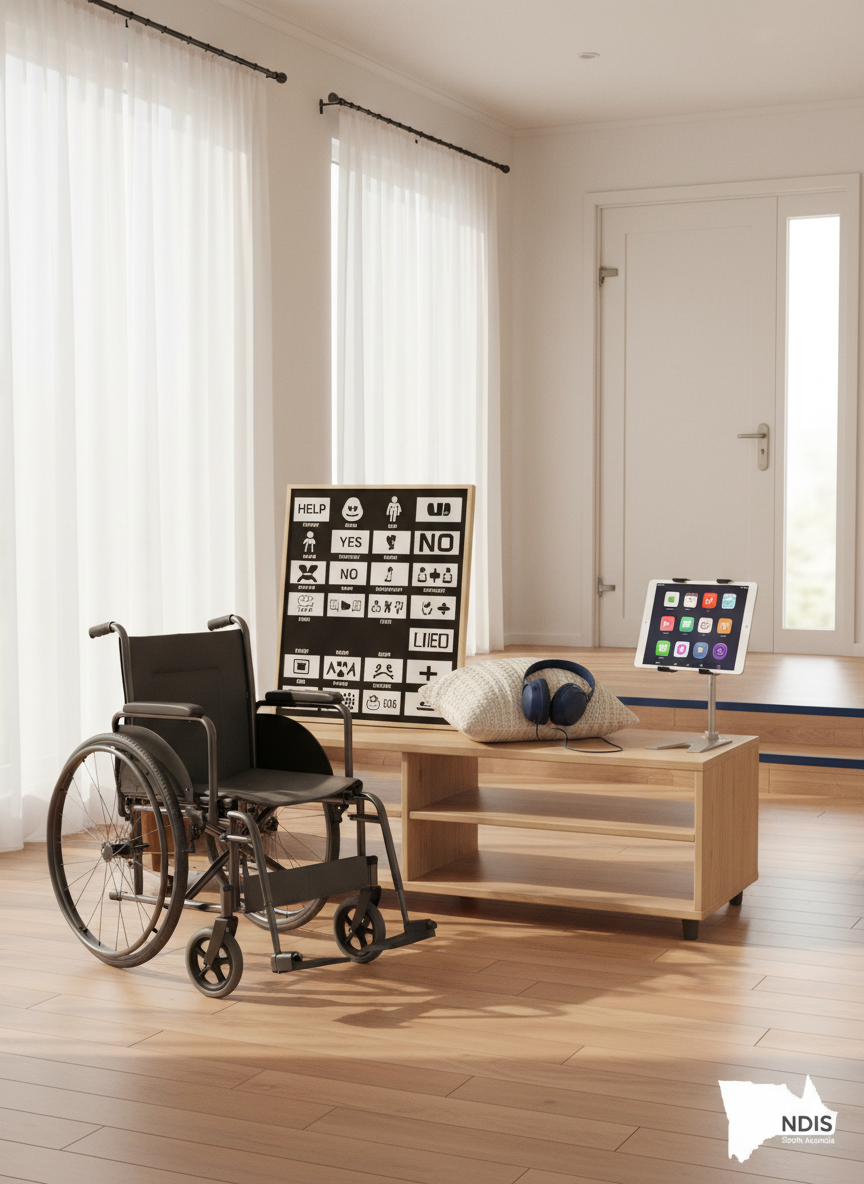An illustrated representation of holistic disability support services using objects instead of people: a robust mobility aid leaning against a low shelf, a high-contrast communication board resting on a table, a pair of noise-cancelling headphones on a soft cushion, and a tablet with large, clear icons propped on an adjustable stand. The scene is set in a bright living room adapted for accessibility, with wide floor space, lever-style door handles, and contrasting edges on steps. Gentle morning light streams through sheer curtains, creating soft highlights and subtle shadows across the assistive devices. Photographic realism with a warm color palette, shot at an eye-level three-quarter view, balanced composition suggesting independence, inclusion, and tailored NDIS support in South Australia without showing any individuals.