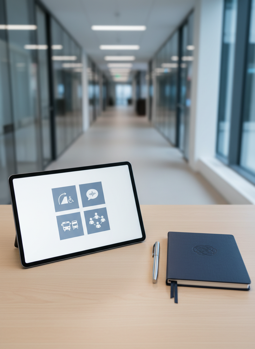A detailed close-up of a minimalist accessibility checklist concept, displayed on a sleek, frameless tablet lying on a pale birch desk. The screen shows simple, non-text icons arranged in an orderly grid, representing ramps, communication aids, transport, and community access, avoiding any personal data. Next to the tablet lies a textured navy notebook with an embossed abstract logo and a smooth metal pen aligned precisely along its edge. The background includes a softly blurred view of an airy, accessible office corridor with wide passageways. Cool, even overhead lighting combined with subtle natural light from a side window creates a clear, focused look. Photographic realism, shot from a top-down angle with sharp focus, conveying organization, clarity, and WCAG-aligned digital accessibility.