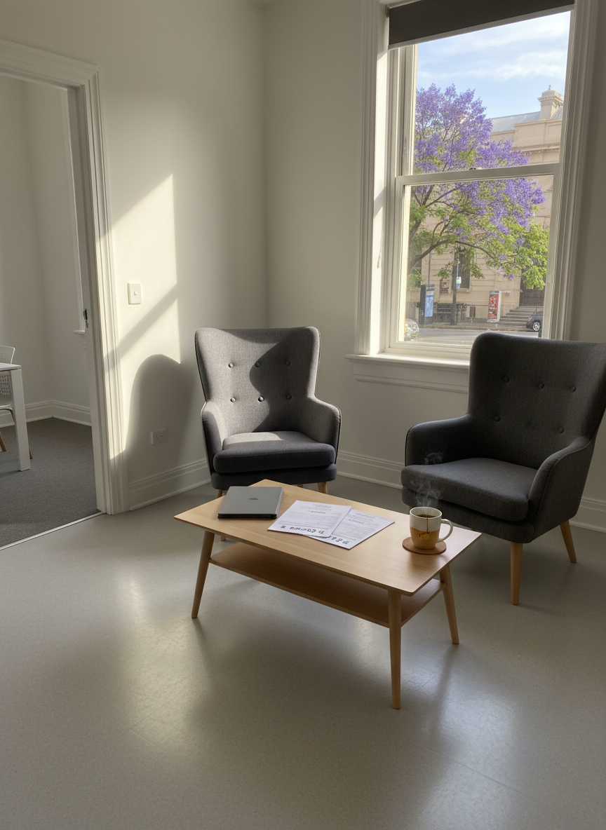 An inviting consulting room designed for NDIS support coordination, centered on two comfortable, high-backed armchairs upholstered in soft charcoal fabric facing each other across a low, pale-wood coffee table. On the table, a neat stack of blank forms with simple icons, a closed tablet, and a ceramic cup of herbal tea suggest thoughtful planning without revealing personal details. The room features an accessible wide doorway and smooth, uncluttered flooring, with a glimpse of a leafy Adelaide streetscape through a large window. Diffused afternoon light fills the space, creating soft shadows and a warm, reassuring atmosphere. Photographic realism from a slightly elevated angle, balanced composition, emphasizing safety, professionalism, and confidentiality.